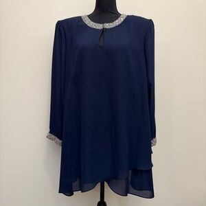 Vintage‎ Cachet Women’s Navy Blouse Silver Beading Keyhole Neck Plus Size Flowy